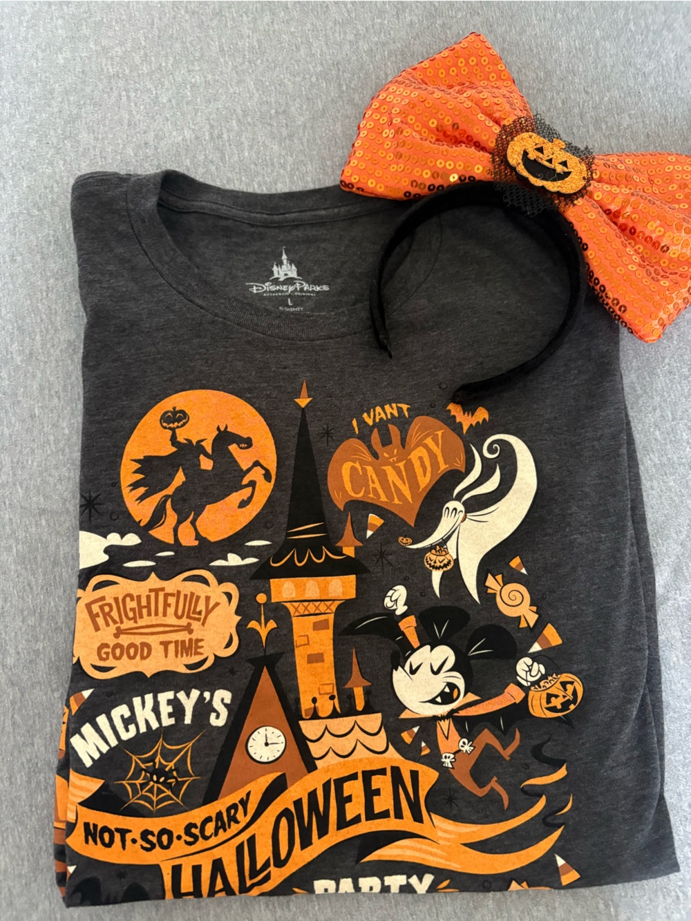 Disney Charcoal Gray Tee with Orange Halloween Graphic